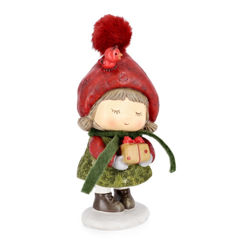 Bimba decorativa in resina con cuffia, sciarpa, pacco regalo e uccellino
